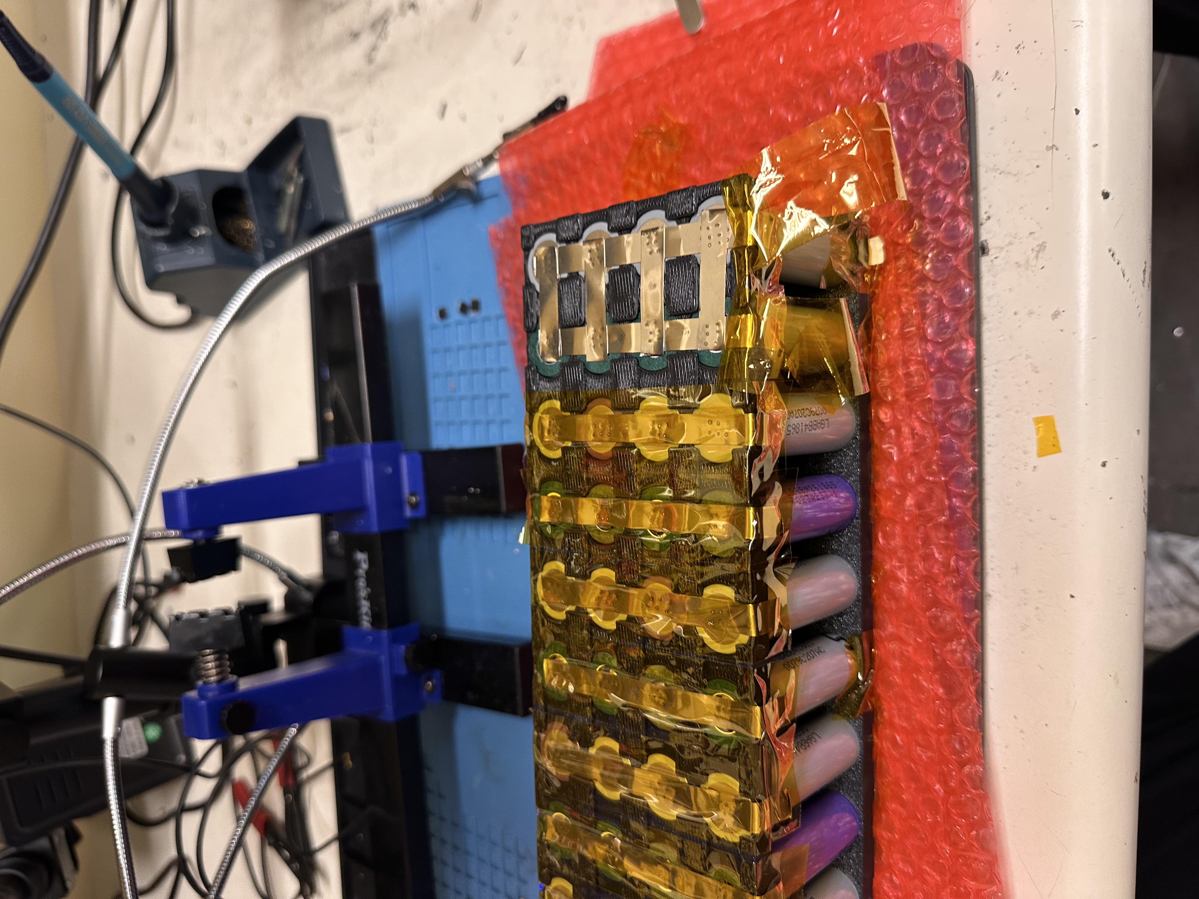 E-bike battery pack during nickel strip spot welding