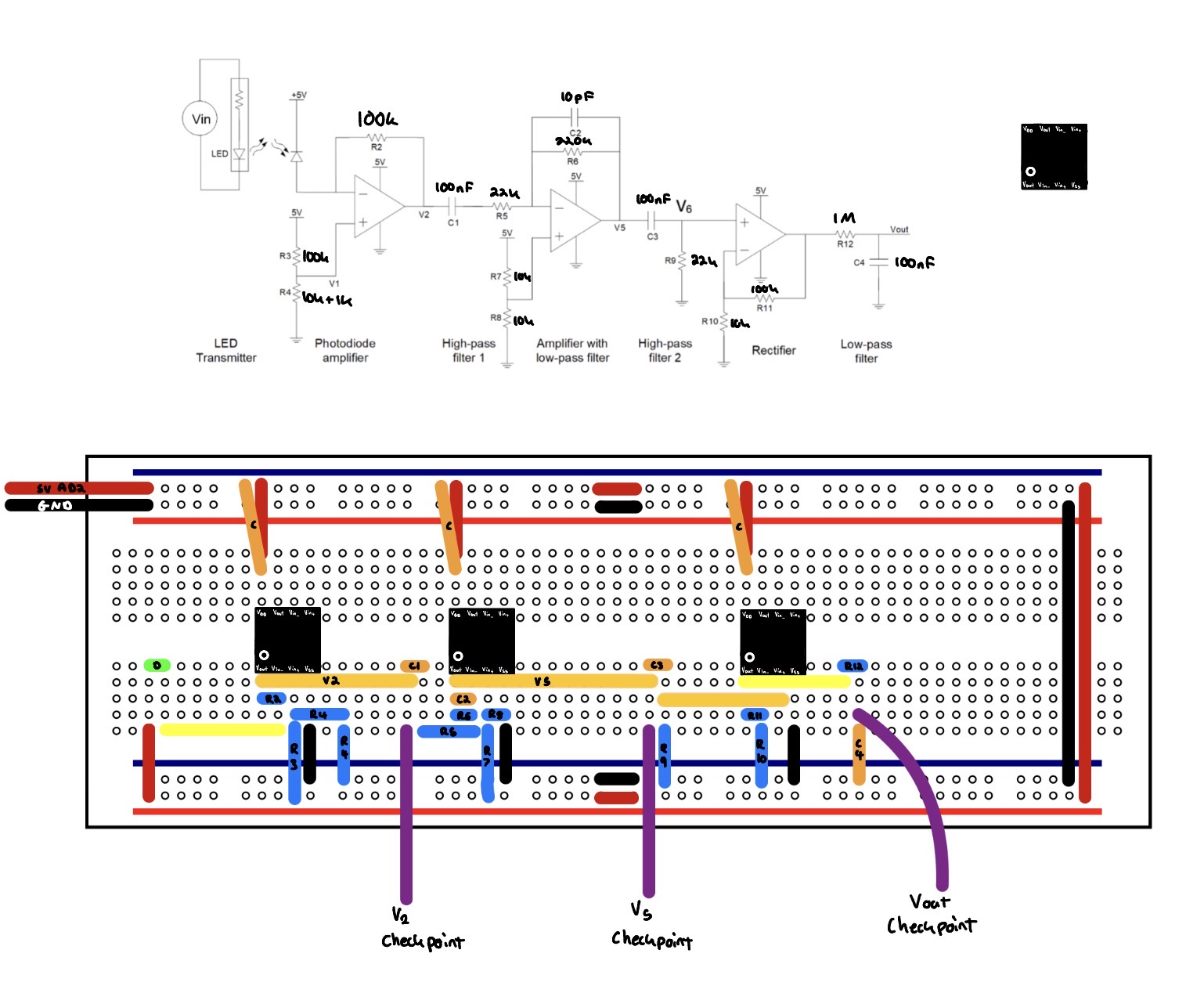 Circuit diagram and breadboard layout for the distance sensor project